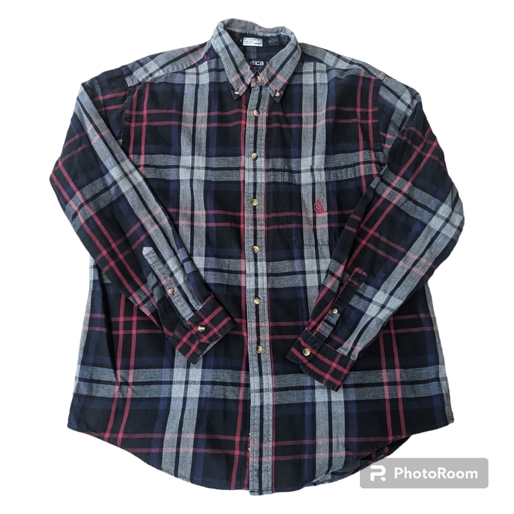 Nautica Button Front & Collar Long Sleeve Gray Black Plaid Flannel Shirt Men's L